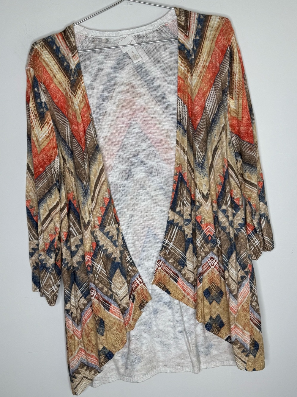 Chicos Womens Size 3 Brown Blue Orange Aztec Print Open Cardigan Blazer Jacket